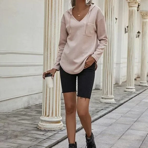 Comfy Curved Hem  Drop Shoulder Drawstring Hoodie Top light apricot blush - Picture 8 of 8